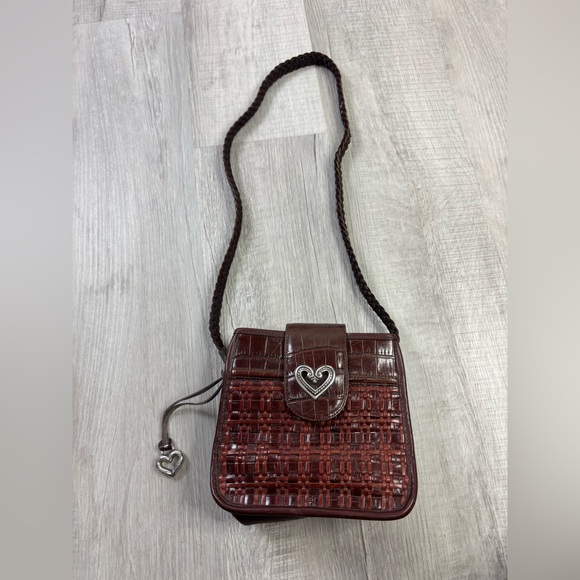 Brighton Handbags - Brighton Gloria Mahogany Brown Croc Embossed Woven Leather Bucket Crossbody Bag